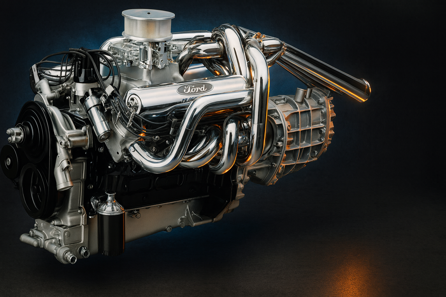 Ford 427 Side Oiler V8 engine with cross-bolted mains and polished headers, the race engine used in the GT40 at Le Mans.