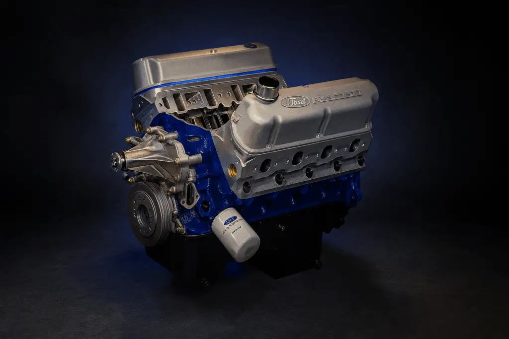 Ford 460 cubic-inch 385-series big-block V8 painted blue with aluminum valve covers, successor to the FE family.
